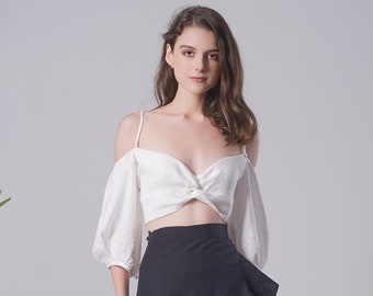 Linnen top LAYRA, zomer cropped top, sexy linnen top, gepofte mouwen linnen top, linnen cropped top, witte slip top, bruiloft gast jurk