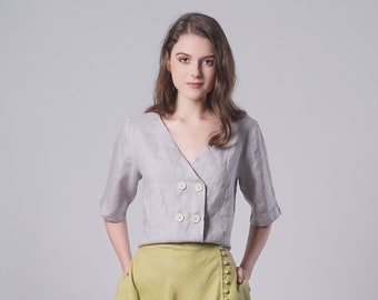 Linen Top CHERRY, Summer Cropped Top,  V Neck Linen Top, Short Sleeves Linen Top, Linen Loose Top, Gray Linen Blouse, Women Linen Clothing