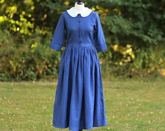 Linen 1950s Dress BIRBURY, Linen Vintage Dress, Victorian Style Dress, Linen Midi Dress, Blue Linen Dress, Flax Dress, Women Linen Clothing