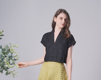 Linen Top MAIKA, Summer Cropped Top,  V Neck Linen Top, Short Sleeves Linen Top, Linen Cropped Top, Black Linen Blouse, Women Linen Clothing