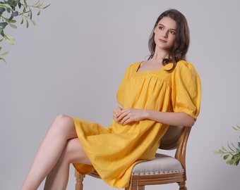 Linen Dress AMANDA, Casual Linen Dress, Summer Dress Puffed Sleeves, Yellow Linen Dress, Midi Linen Dress, Handmade Plus size dress