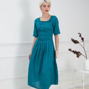 Linen Dress In Midi Length FIONA, Turquoise Linen Dress, Linen Clothing, A Line Flax Dress, Sustainable Fabric, Formal Linen Dress