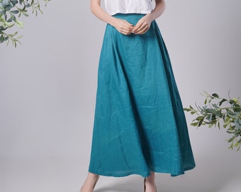 Linen Maxi Skirt LEAVES, Flattering Summer Skirt, Linen Long Skirt, Green Linen Skirt, Handmade Linen Clothing