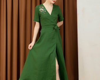 VIENNA Wrap Linen Dress with Flowers Hand Embroidery, Women Linen Clothing, Flax Wrap Dress, Cottagecore Dress, Boho Style Plus Size Dress