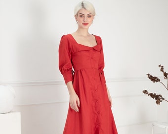 PORTUGAL Classic Linen Dress, Vintage Dress, Romantic Red dress, Wedding dress, Bridesmaid dress, Flax Maxi Dress, Linen Long Dress