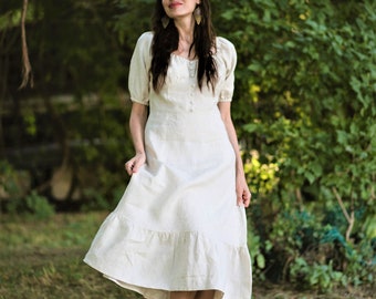 Linen dress LISA, Cottagecore natural linen dress in midi length, puff sleeves dress, summer linen dress