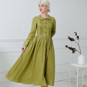 LEENA Cottagecore Linen Dress, Victorian Clothing, A line Peter Pan Collared Linen Dress, Soft Linen Dress, Long Flax Dress, 1950s Style image 1