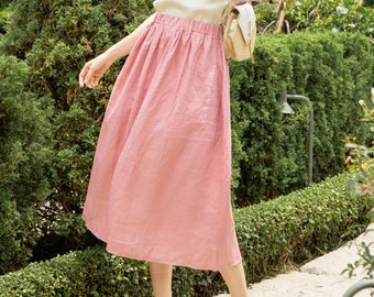 SARBINE linen skirt / A-line midi length skirt / loose pleated elastic waist washed linen skirt