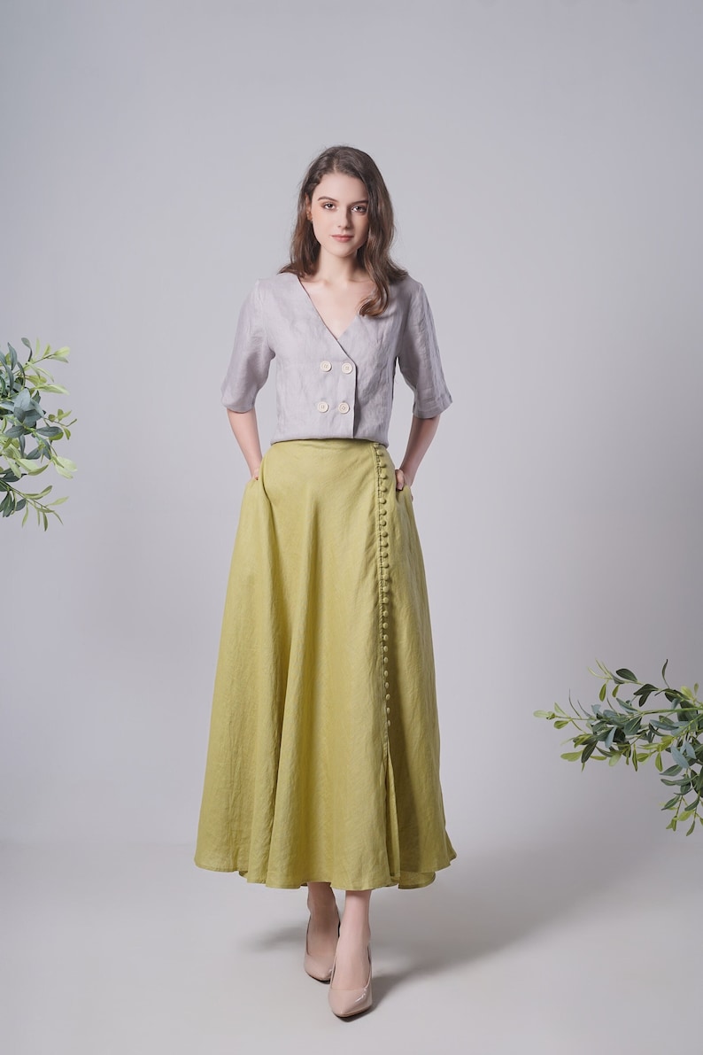 Linen Maxi Skirt BUTTONS, Flattering Summer Skirt, Linen Long Skirt, Green Linen Skirt, Split Linen Skirt, Maxi Linen Skirt, Long Skirt image 1