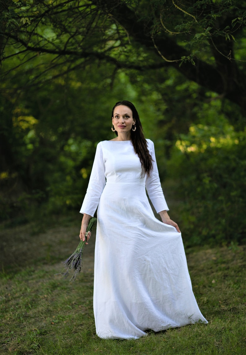 Linnen trouwjurk SIENNA, witte linnen jurk, eenvoudige trouwjurk, bescheiden trouwjurk, bos trouwjurk, Boho trouwjurk afbeelding 3
