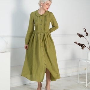 LEENA Cottagecore Linen Dress, Victorian Clothing, A line Peter Pan Collared Linen Dress, Soft Linen Dress, Long Flax Dress, 1950s Style image 3