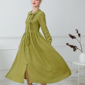 LEENA Cottagecore Linen Dress, Victorian Clothing, A line Peter Pan Collared Linen Dress, Soft Linen Dress, Long Flax Dress, 1950s Style image 2