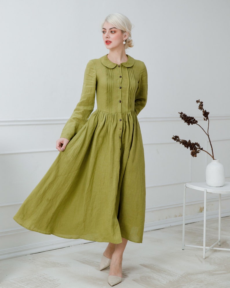 LEENA Cottagecore Linen Dress, Victorian Clothing, A line Peter Pan Collared Linen Dress, Soft Linen Dress, Long Flax Dress, 1950s Style image 1