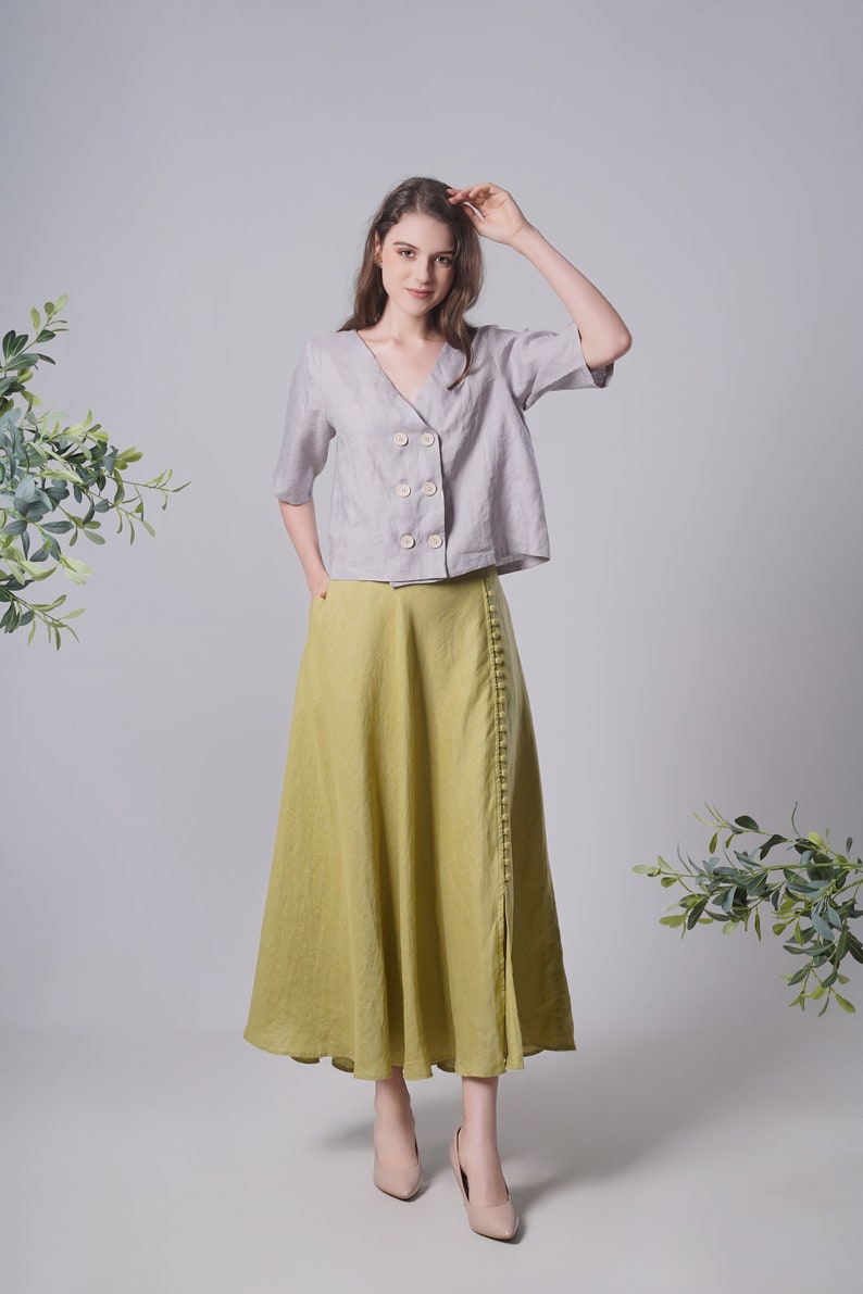 Linen Maxi Skirt BUTTONS, Flattering Summer Skirt, Linen Long Skirt, Green Linen Skirt, Split Linen Skirt, Maxi Linen Skirt, Long Skirt image 4