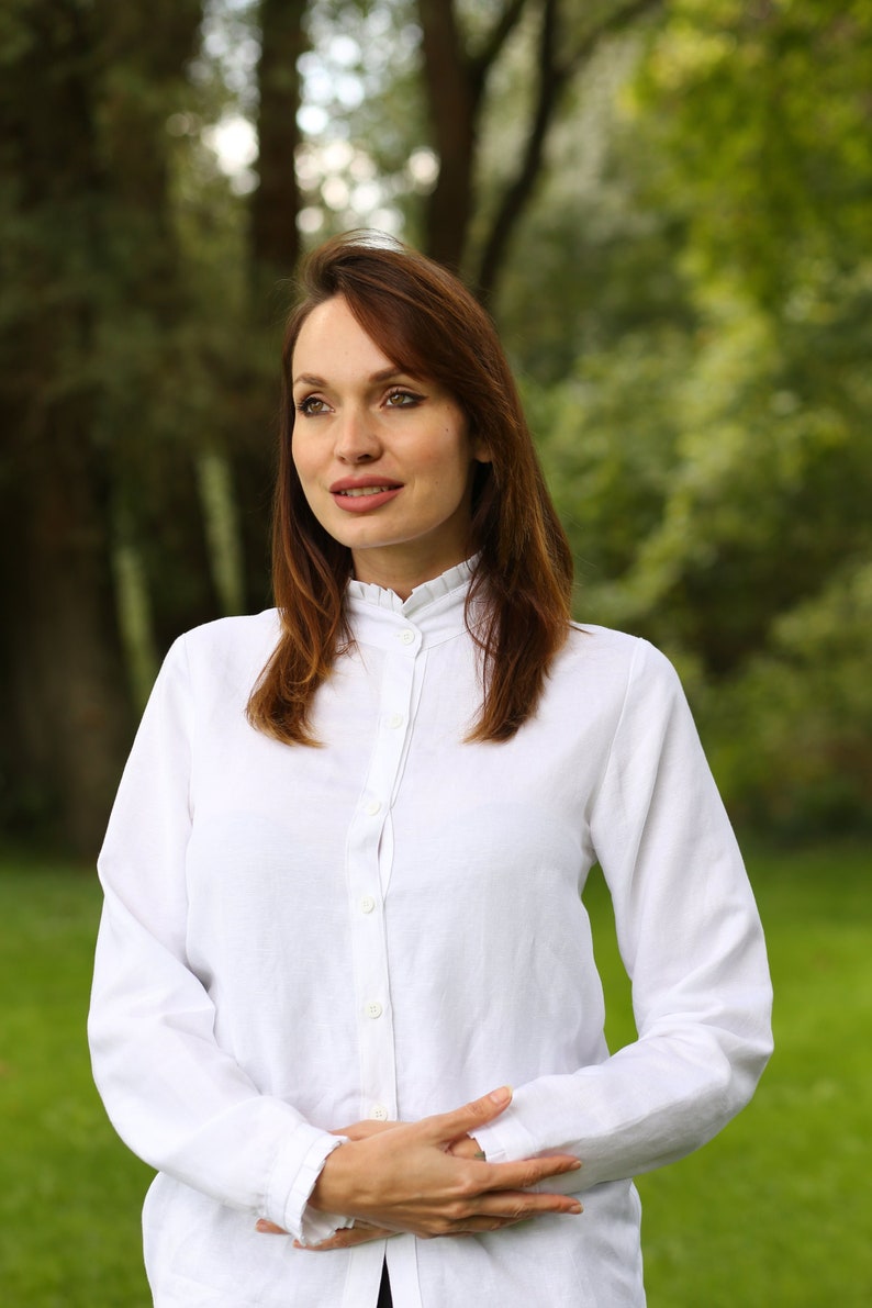 WOMEN'S WHITE SHIRT, High Quality Linen Top, Minimalist Linen Blouse, Long Sleeve White Classic Linen Shirt image 1