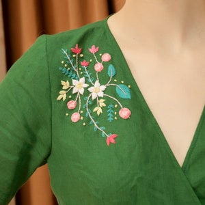 VIENNA Wrap Linen Dress with Flowers Hand Embroidery, Women Linen Clothing, Flax Wrap Dress, Cottagecore Dress, Boho Style Plus Size Dress image 2