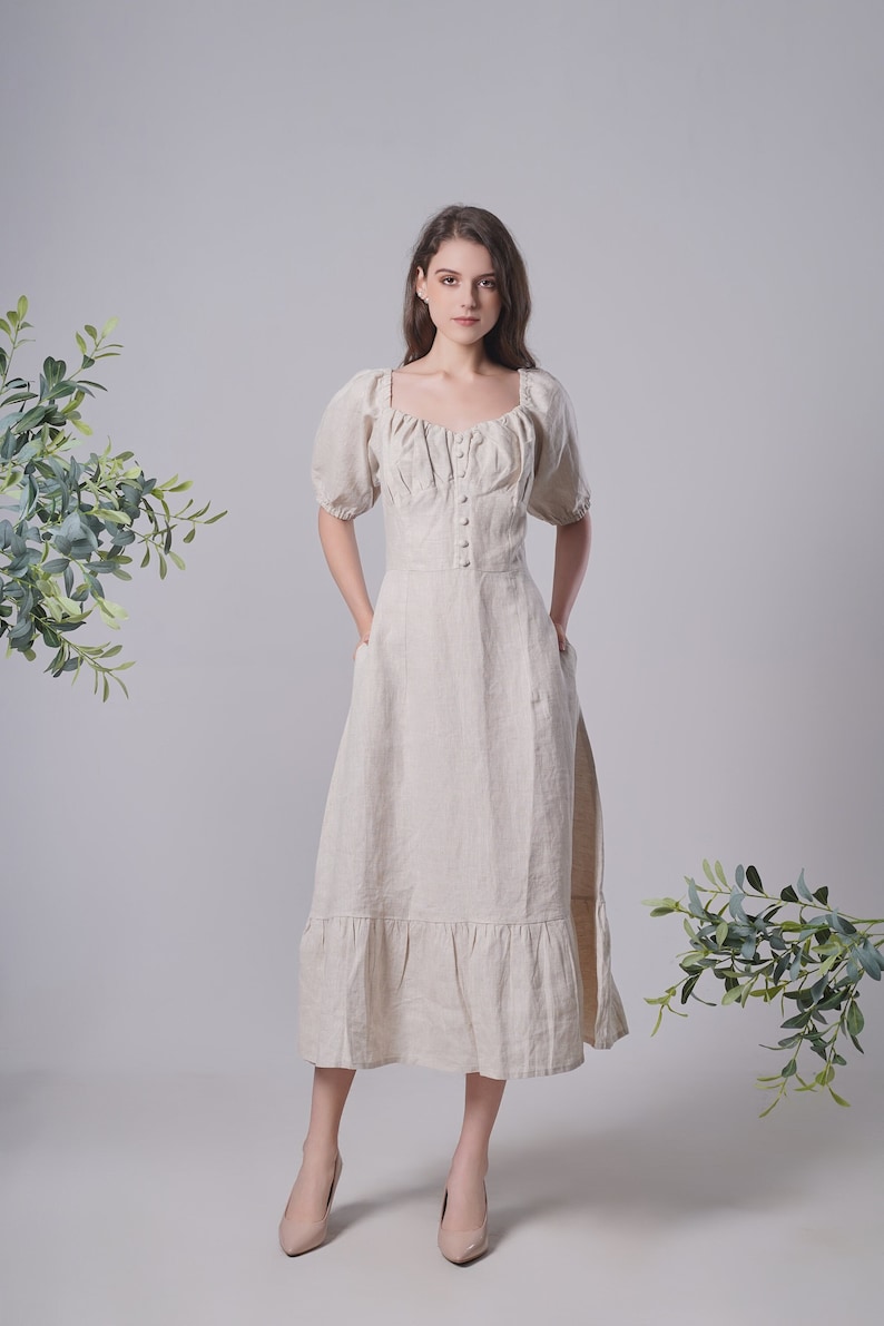 Linen dress SWEETHEART, Flax Midi Dress, Yellow linen clothing for woman, Summer dress, A line Soft Linen Dress, Flax Cocktail Dress image 1