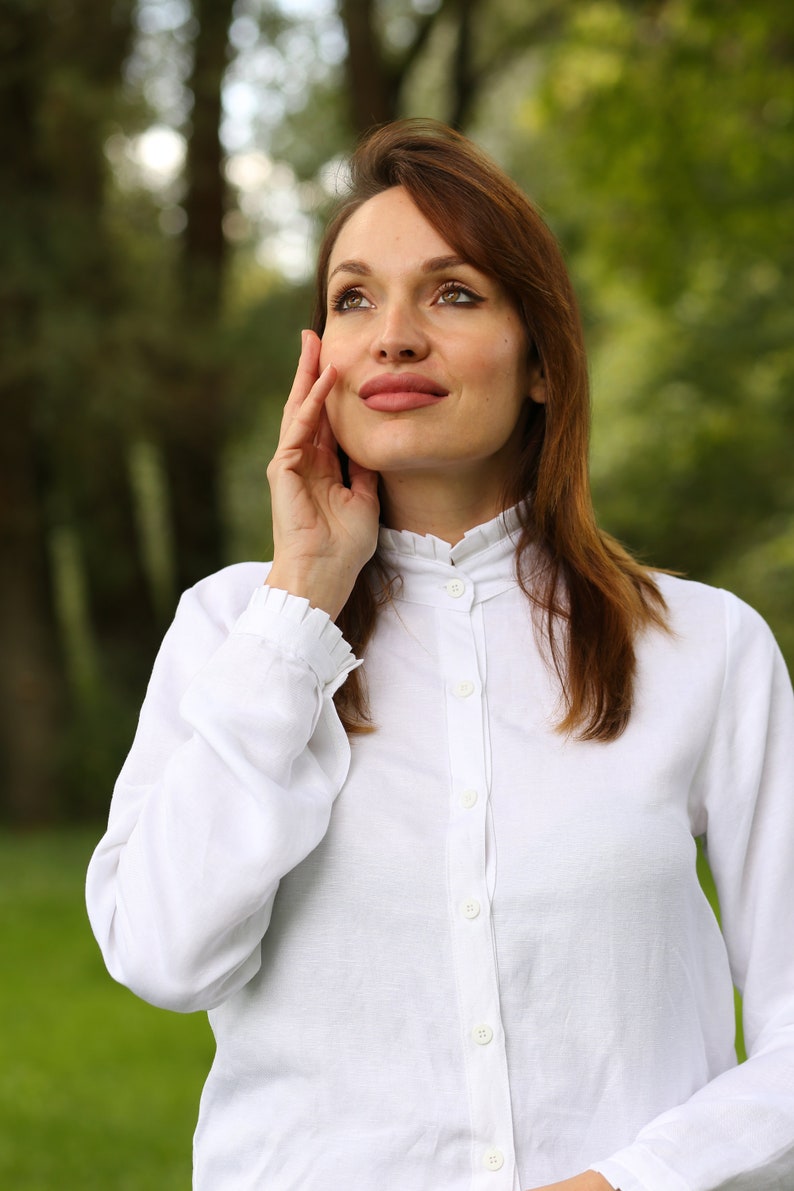 WOMEN'S WHITE SHIRT, High Quality Linen Top, Minimalist Linen Blouse, Long Sleeve White Classic Linen Shirt image 2