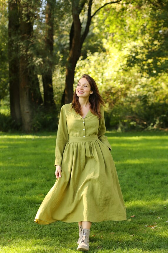 Linen Dress SOMERSET Handmade Linen Clothing Renaissance Romantic Dress Long Sleeve Linen Dress Women Flax Dress Vintage Linen Clothing Etsy