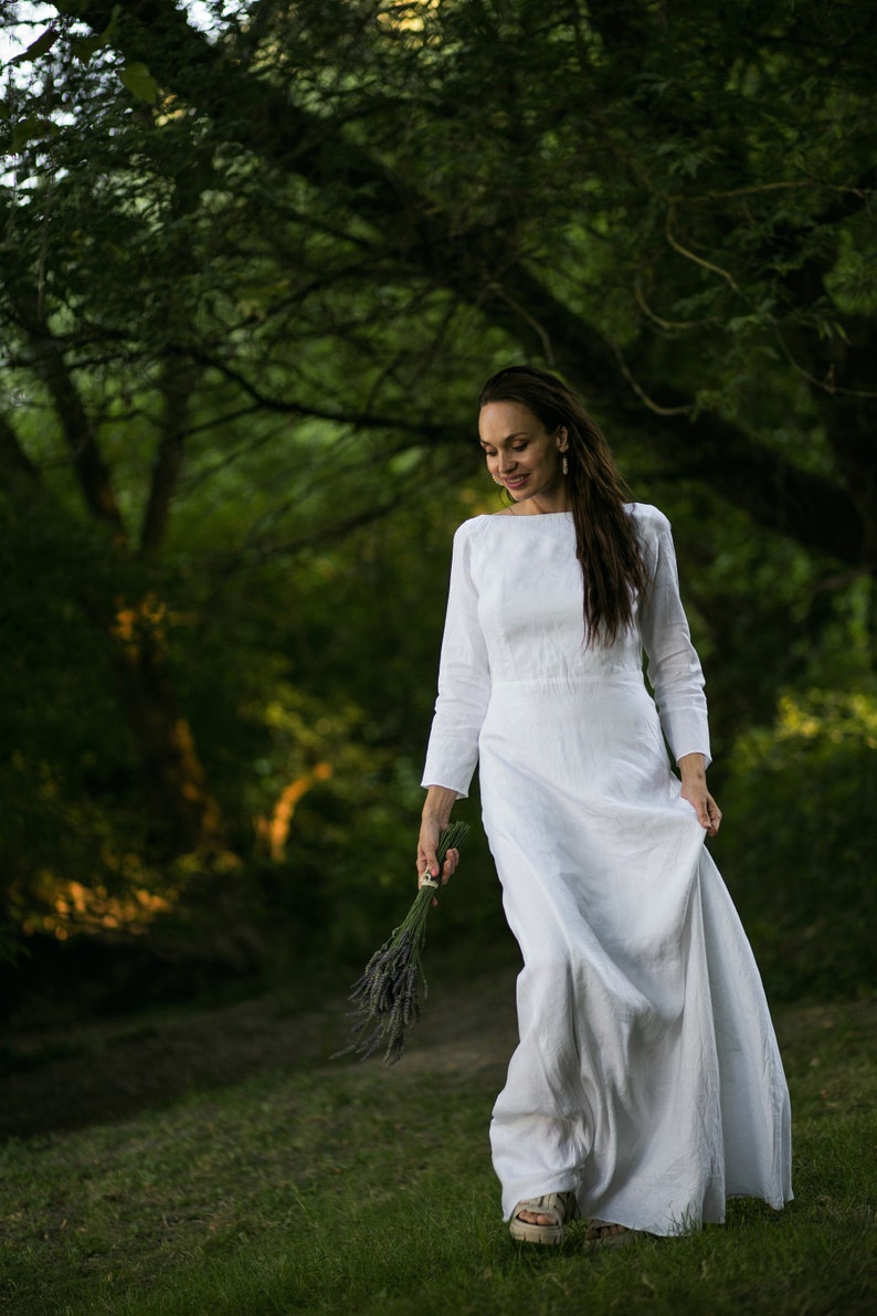 Linnen trouwjurk SIENNA, witte linnen jurk, eenvoudige trouwjurk, bescheiden trouwjurk, bos trouwjurk, Boho trouwjurk afbeelding 7