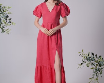 Ruffle Maxi Linen Dress POLAND,  Long Linen Dress, Puffed Sleeves Linen Dress, Red linen dress, Plus size dress, Handcrafted Dress