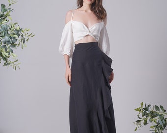 Falda cruzada de lino con volante en más de 20 colores, falda larga de lino, falda larga de lino, falda de lino negra, falda de lino dividida