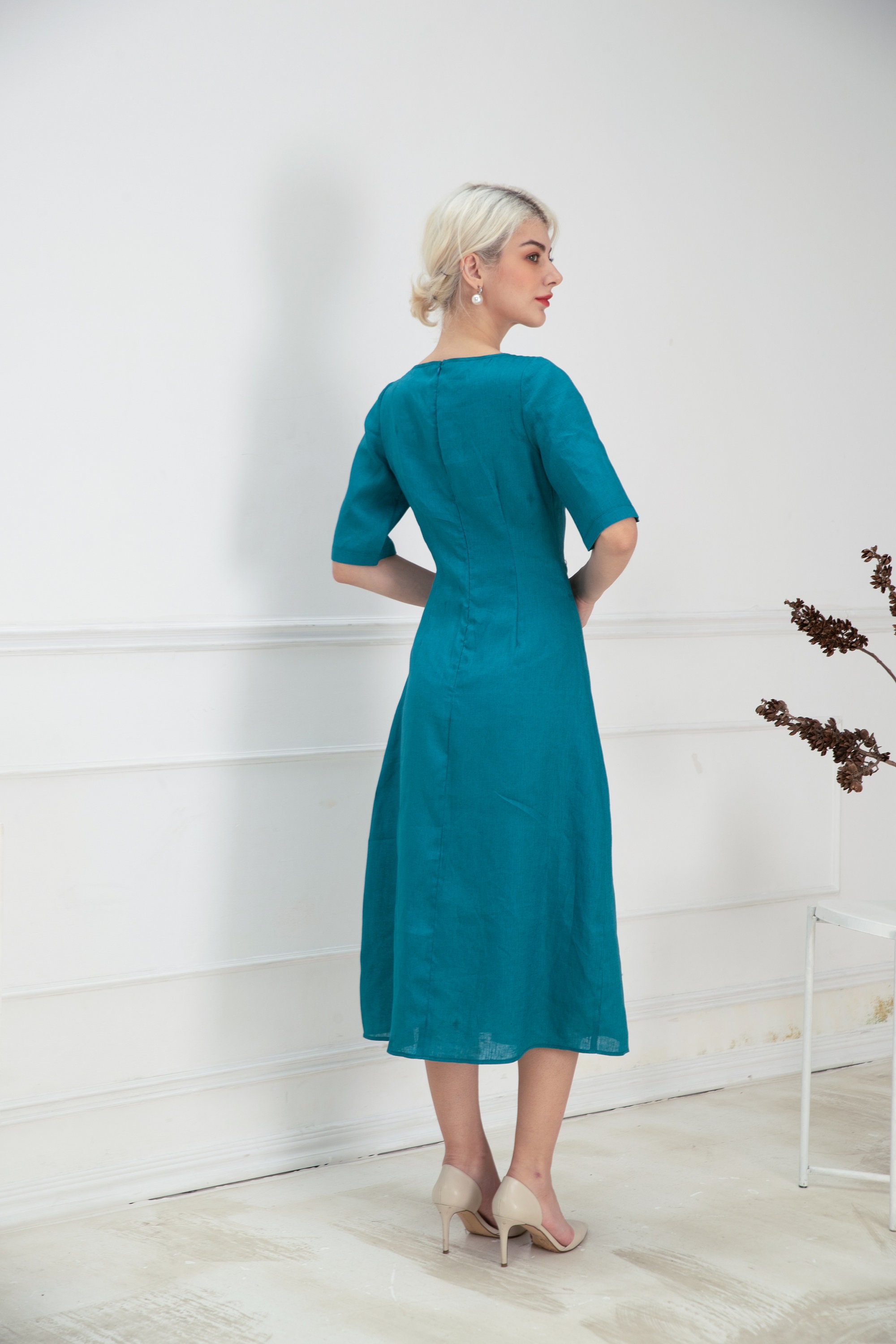 Linen Dress in Midi Length FIONA Turquoise Linen Dress Linen - Etsy