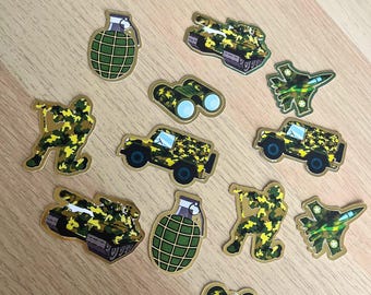 May include: A set of 10 camouflage-patterned stickers featuring military-themed designs, including tanks, soldiers, grenades, binoculars, and airplanes.