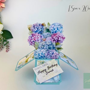 Carte boîte faite main avec hortensias violets et bleus - Personnalisation pour cadeau de fête des mères/carte de voeux