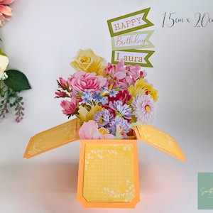 Tarjeta emergente 3D con ramo de flores para cumpleaños, día de la madre, día del padre, San Valentín, aniversario, agradecimiento, pronta recuperación, buena suerte, boda, jubilación