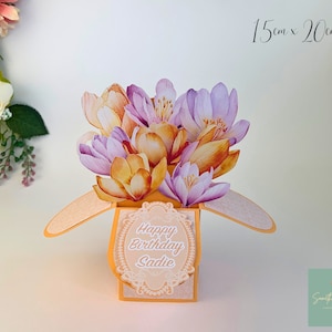 Handgemachte 3D-Krokus Blumenbox Karte - Personalisierte Pop Up Geburtstagsgrußkarte Danke Gute Besserung Jubiläum Muttertag