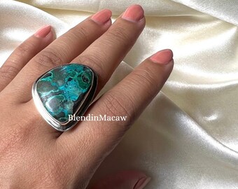 Natural Azurite Malachite ring, natural azurite ring, 925 sterling silver, unique design azurite ring, statement rings, rare Azurite ring