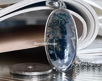 Natural Moss Agate pendant, Moss Agate pendant, Agate Pendant, 925 silver pendant, oval shape pendant, handmade jewelry, boho, casual style