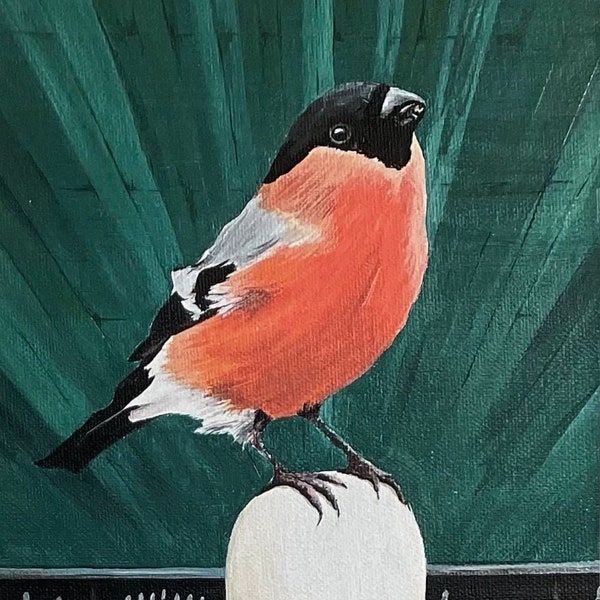 Fine art print - Bullfinch on a vintage ten pin bowling pin - Signed Giclée print. Gift for bird lover.