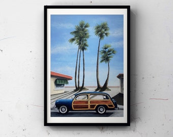 A3 Art Print: Santa Cruz Woody - Limited edition Giclée - California - Retro - Vintage car - Boardwalk - Beach - Blue skies - USA