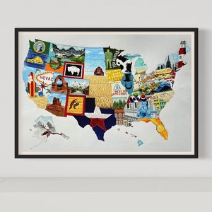 Impresión de póster: Mapa de Estados Unidos con imágenes relevantes dentro de cada forma de estado - A2
