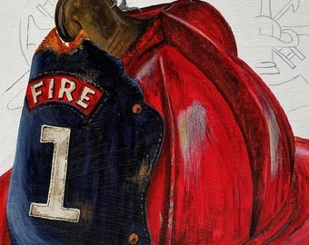A3 print: Vintage US fireman's helmet - poster print - From original acrylic painting - Great Tit - Coal Tit -Birds