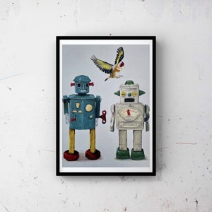 Poster print - Vintage metal toy robots with Goldfinch bird - A3 size