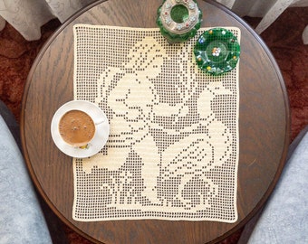 Crochet Tablecloth with Boy and Goose Pattern, Ivory Color Custom Crochet Runner, Small Table Topper for Wedding and Birthday Gift,