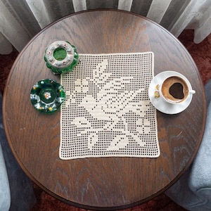 Filet Crochet Lace Table Topper or on the Wall, Handmade Crochet Bird Tablecloth, Custom Ivory Color Table Topper for Gift