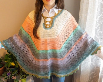 READY TO SHIP Within 3 Days, Poncho For Mothers Day and Easter Gift, Colorful Slouchy Sweater For Her, Handmade Rainbow Crochet Filet Top