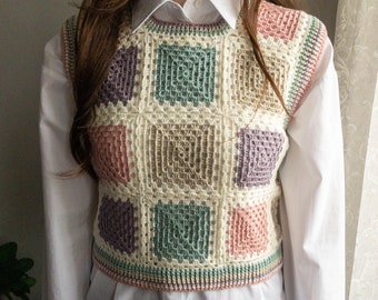 Handmade Crochet Filet Granny Motifs, Square Neck Crochet Colorful Sweater, Flat Back Mesh Off-White Color,