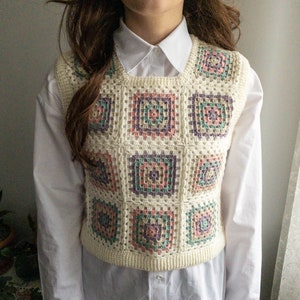 Granny Square Motif Sweater, Hand Crochet Vest For Your Loved Ones. Back Side is Off-White, Sweater For Christmas Gift Idea With Colorful