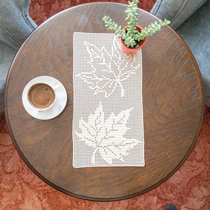 May include: A white crocheted table runner with a floral design sits on a wooden table. A small potted succulent plant and a cup of coffee on a white saucer are also on the table.