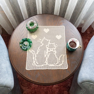 Handmade Crochet Lace Tablecloth,  Custom Crochet Table Topper with Cat Pattern, Ivory (Beige) Table Top and Wall Decortion