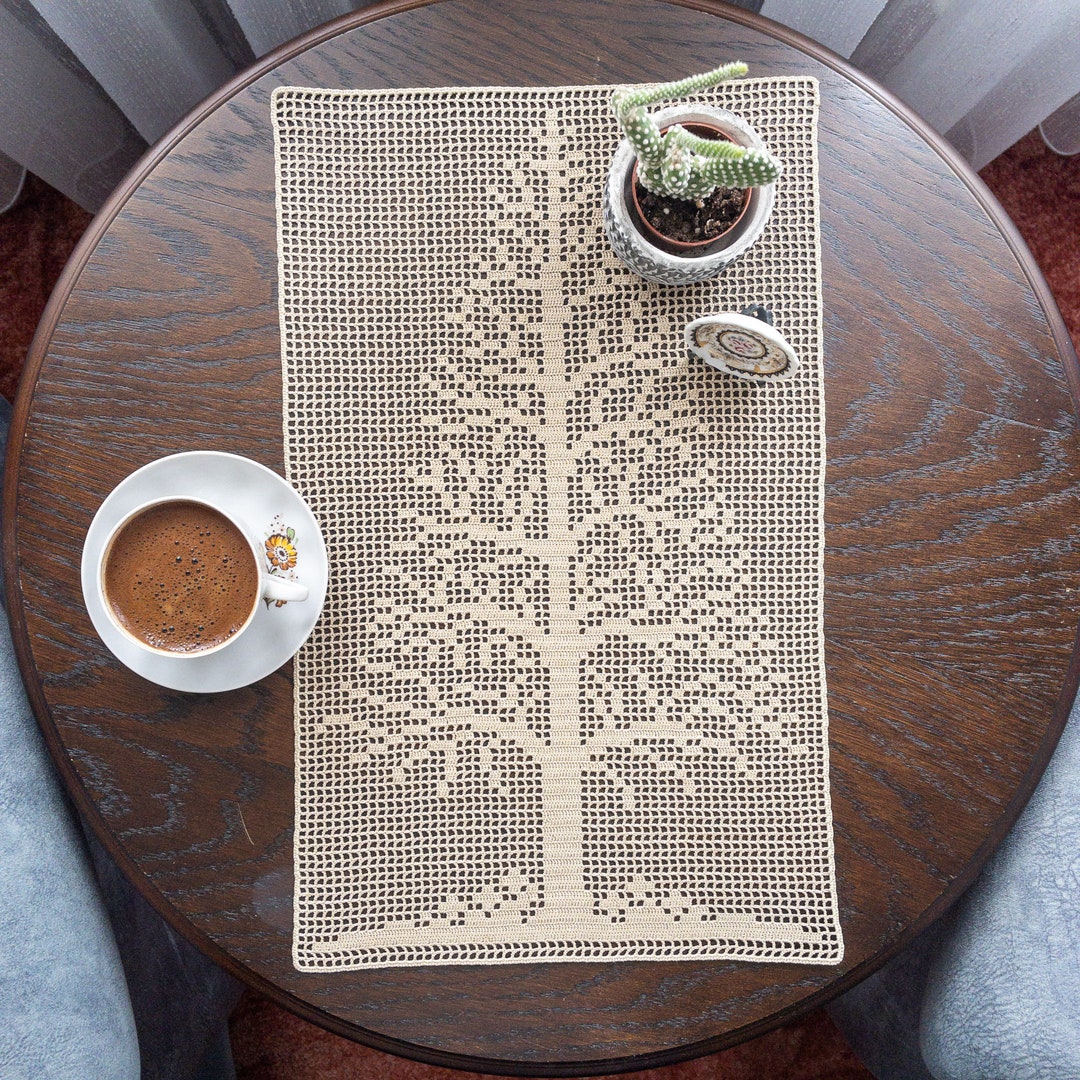 Filet Crochet Lace Table Runner With Tree, Handmade Tablecloth, Home ...