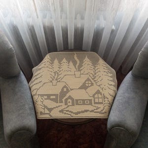 Handmade filet crochet with snowy houses and treespattern for gift idea in holiday time and birthday pdf