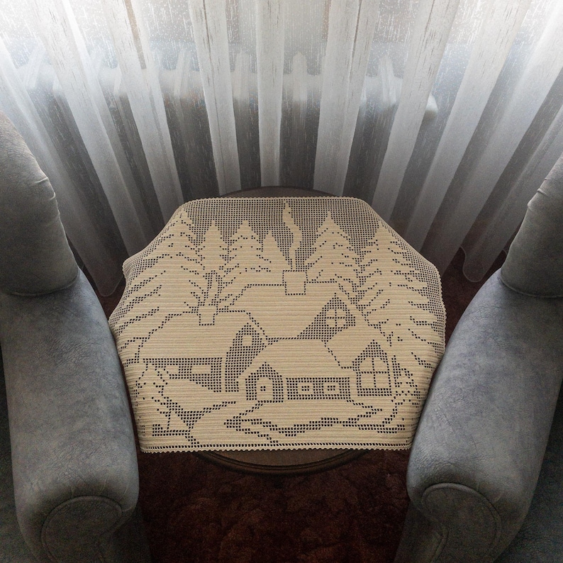 Handmade filet crochet with snowy houses and treespattern for gift idea in holiday time and birthday pdf