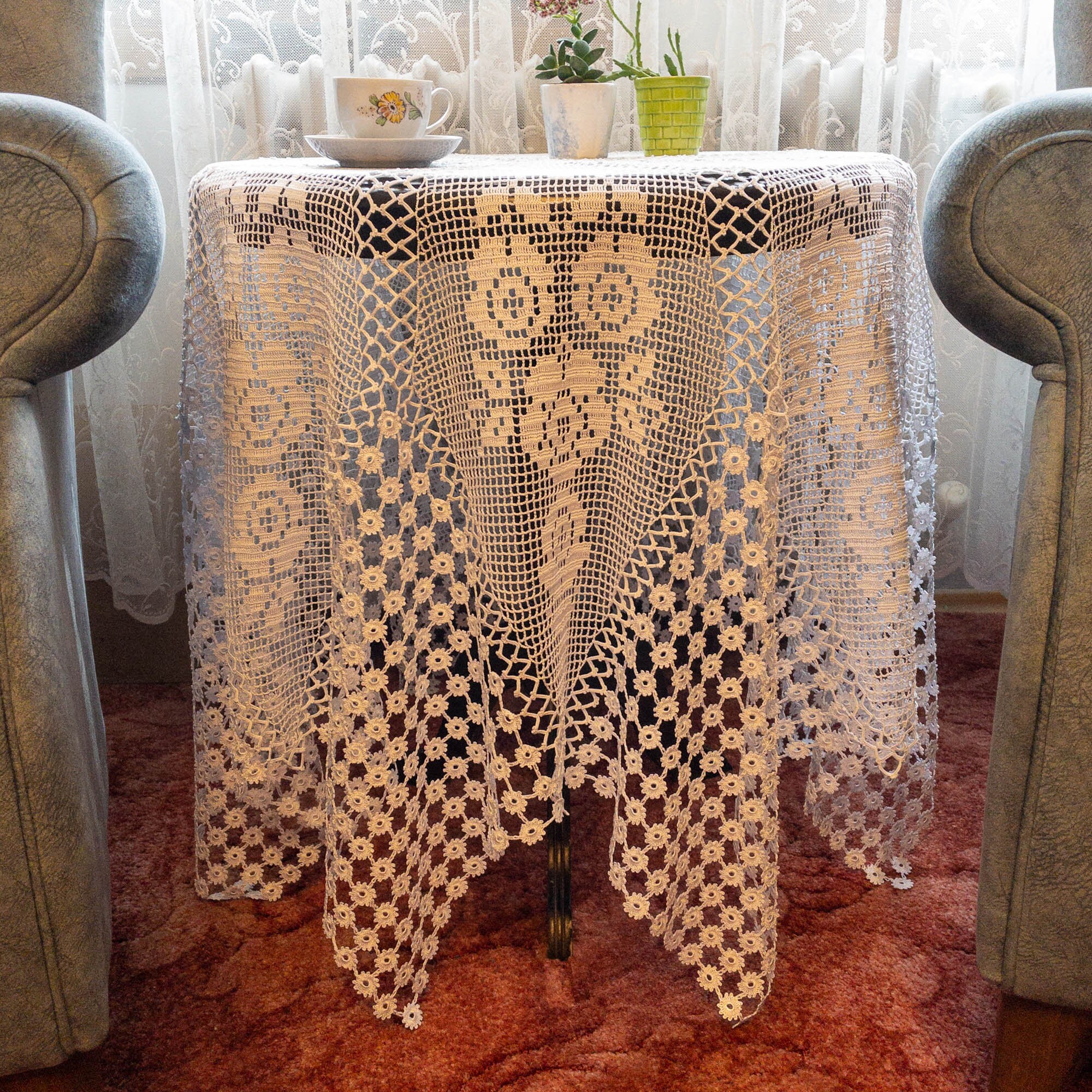 アンティーク　ヴィンテージ　テーブルクロス　カーテン　リネン　クロシェ編み鍵あみ アンティーク ヴィンテージ テーブルクロス カーテン リネン