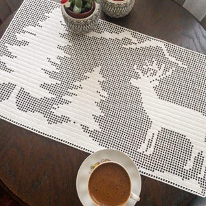 PDF Filet Crochet Tablecloth With Pine And Deer Pattern For Christmas, Easter, New Home Gift Idea, Customized DIY, Table Runner For Birthday